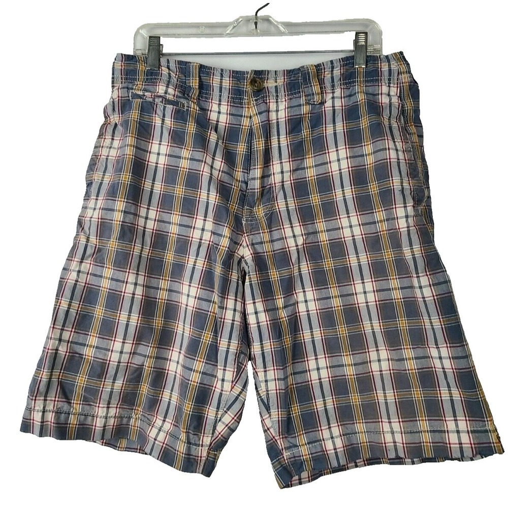 American Eagle Mens Longer Length Shorts Size 32 Gray Plaid Flat Front Casual